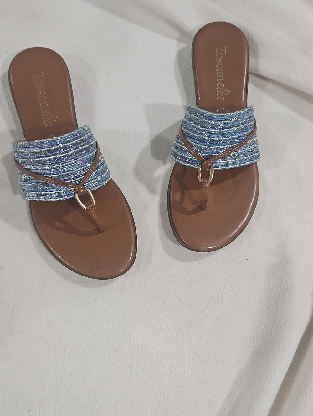 *Toscanella Made In Italy,...* Blue Braided Strap Brown Leather Thong Sandals